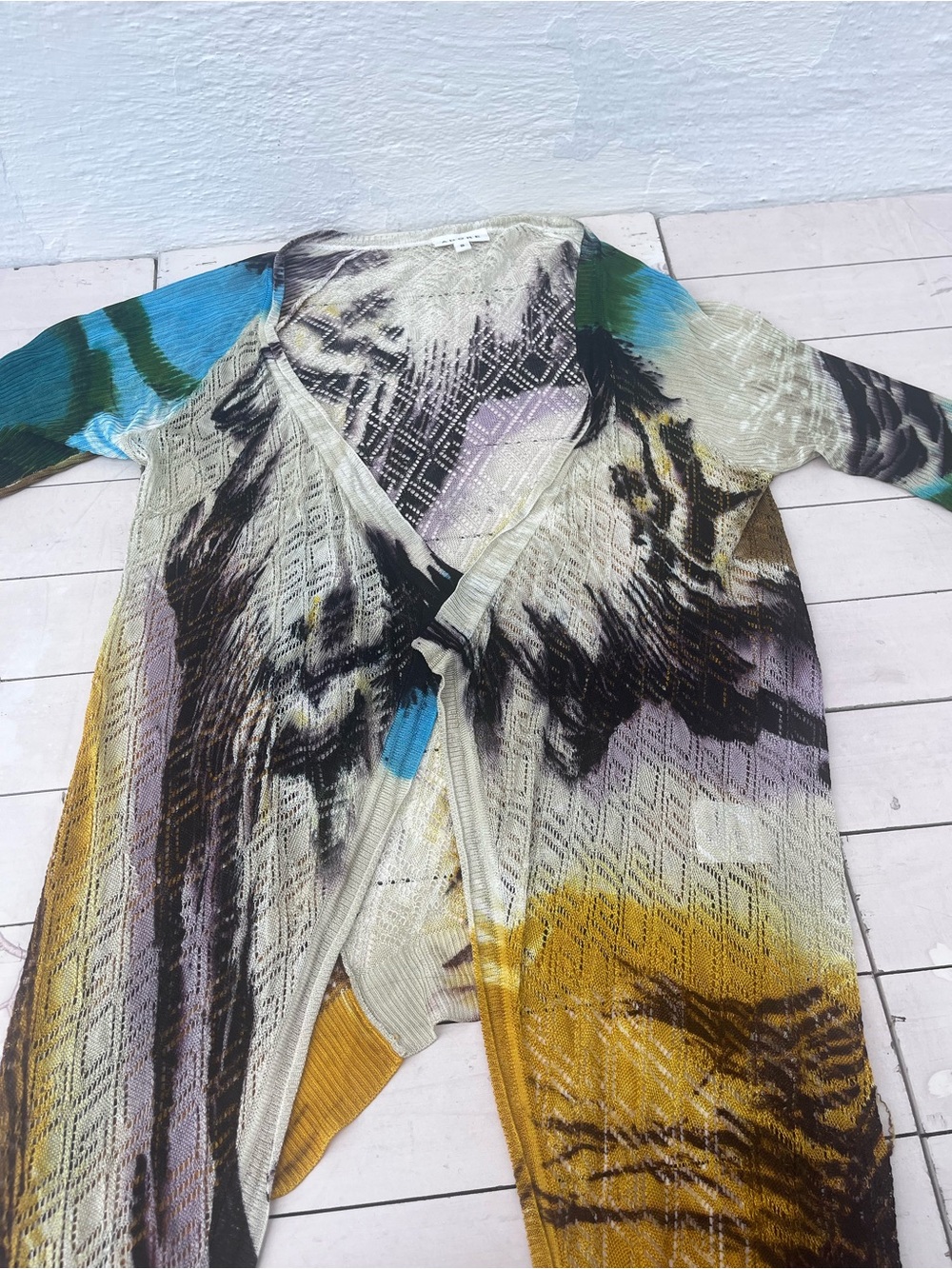 Adore Multi-Color Open-Front Knit Cardigan - Teal, Yellow, Cream, Black - Picture 4 of 6